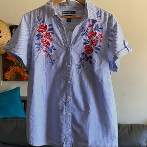 Cottagecore Striped Floral Embroidered Button Front Shirt Size 0X